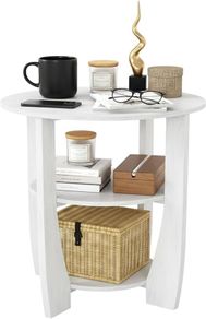 3 Tier Round Side Table, Farmhouse Wood End Tables with Storage, Country Accent Small Sofa Bedside Table Coffee Table for Living Room Bedroom and Small Spaces (White)