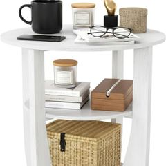 3 Tier Round Side Table, Farmhouse Wood End Tables with Storage, Country Accent Small Sofa Bedside Table Coffee Table for Living Room Bedroom and Small Spaces (White)