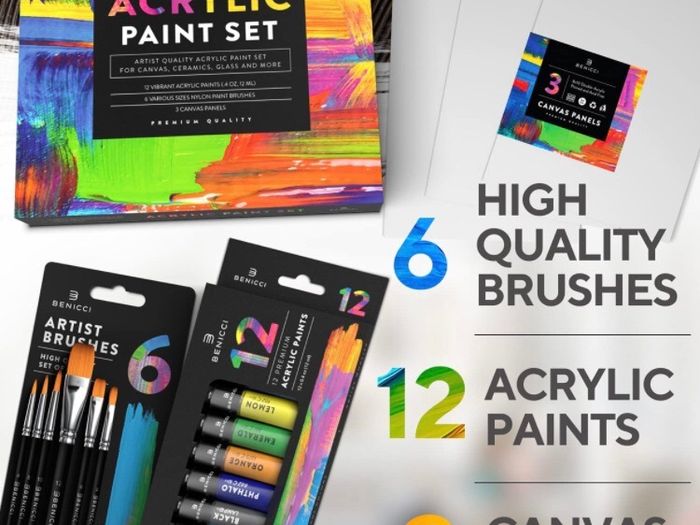 Acrylic Paint Set for Kids, Artists and Adults - 12 Vibrant Colors, 6 Brushes and 3 Paint Canvases