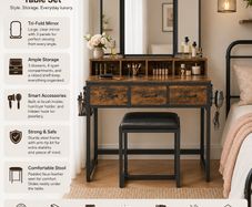 Dressing table and stool with 3-piece folding mirror