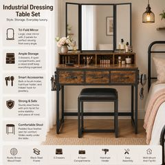 Dressing table and stool with 3-piece folding mirror