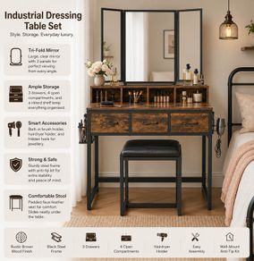 Dressing table and stool with 3-piece folding mirror