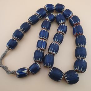 Antique Venetian Style Chevron Big Blue Glass Beads Strand
