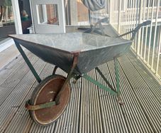 Vintage 1950s Zinc and wrought iron gardeners wheel barrow