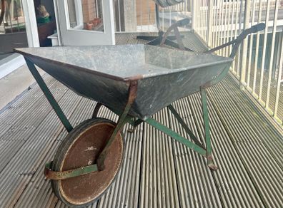 Vintage 1950s Zinc and wrought iron gardeners wheel barrow