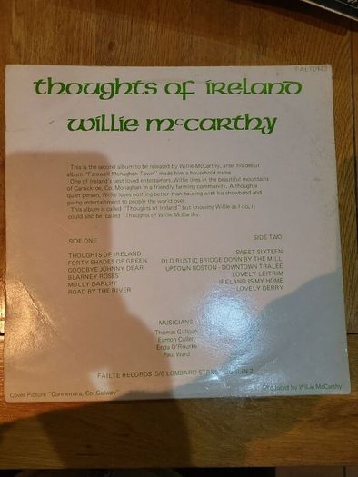 Willie McCarthy Thoughts Of Ireland LP Vinyl Record