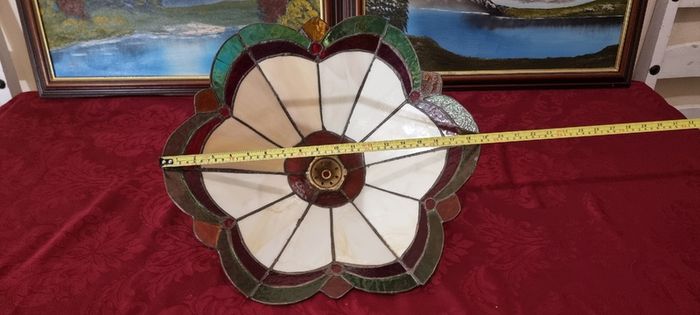 30.5 Inch Tall Large Art Deco Tiffany Style Table Lamp With Metal And Black Striped Amber Glass Stand With Stained Glass Shade