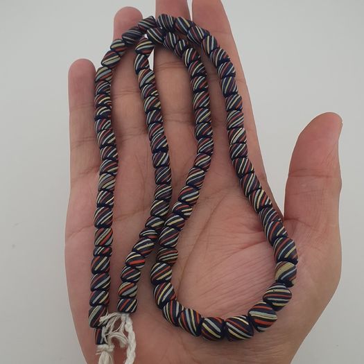 Vintage African MultiColor Stripe Black 7.4mm - 7.6mm Glass Beads Strand