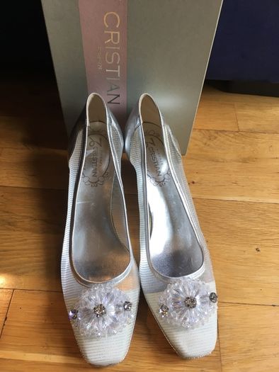 CRISTIAN FIRENZE Silver Crystal Pumps 39.5      Slip-On Wedge Shoes