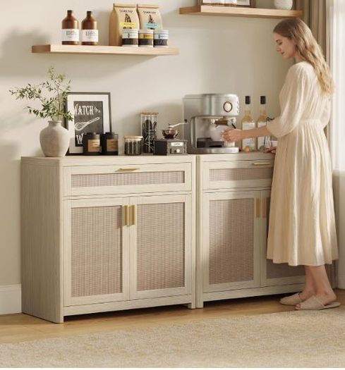 Kitchen Cabinet Sideboard with Rattan Effect Doors Boho Style Natural Beige