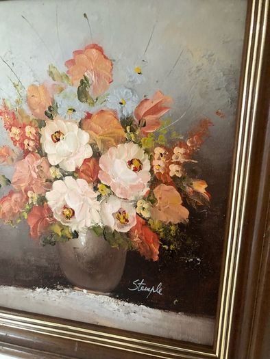 Grab an original painting - Lovely Peony Oil Painting on Canvas Signed "Stemple" - Rare