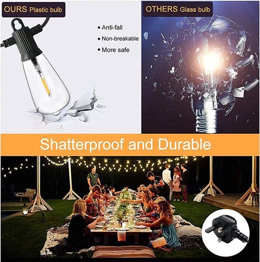 Outdoor String Lights Mains Powered, 100Ft ST38 Garden String Lights with 50+2Pcs LED Filaments Vintage Bulbs, Waterproof IP65 2700K Warm White for Patio Outside Party Wedding Backyard Terrace (FREE SHIPPING)