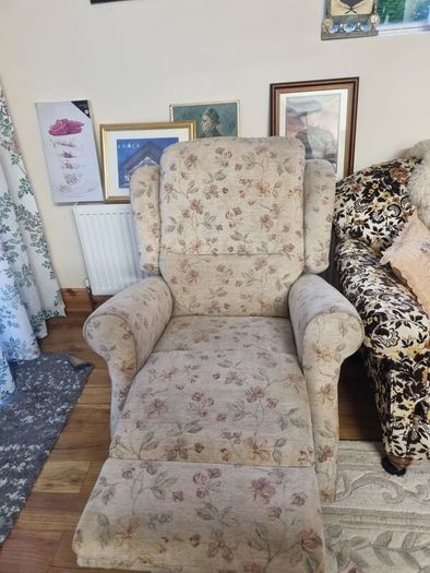2 Floral Armchairs  (1 is a recliner) & Matching Footstool / Ottoman