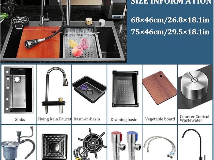 New Stainless Steel Waterfall Sink - Drop In Single Bowl Workstation Sink With Cup Washer (Black, 75x46cm)