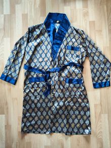 Men's blue silver gold shinny Tootal Hortex Paisley vintage smoking style dressing gown M/L
