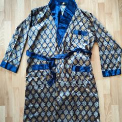 Men's blue silver gold shinny Tootal Hortex Paisley vintage smoking style dressing gown M/L