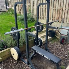 Half squat rack, 120kg bumper plates, 20kg bar & flat bench