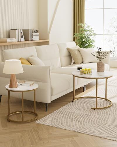 Round Coffee Tables, Removable Set of 2 End Table, Nesting Tables with Gold Metal Frame Legs and Marble White Top for Living Room, Bedroom, Office, Balcony, Apartment (White)