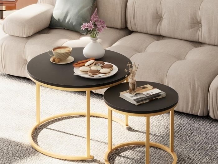 Set of 2 End Table, Nesting Tables, Side Table  Metal Gold Frame for Living Room/Bedroom/Balcony/Office/Apartment, Diameter 23.6/15.7 IN, Black Top, Prevent right angles