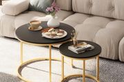 Set of 2 End Table, Nesting Tables, Side Table  Metal Gold Frame for Living Room/Bedroom/Balcony/Office/Apartment, Diameter 23.6/15.7 IN, Black Top, Prevent right angles
