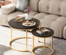 Set of 2 End Table, Nesting Tables, Side Table  Metal Gold Frame for Living Room/Bedroom/Balcony/Office/Apartment, Diameter 23.6/15.7 IN, Black Top, Prevent right angles