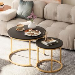 Set of 2 End Table, Nesting Tables, Side Table  Metal Gold Frame for Living Room/Bedroom/Balcony/Office/Apartment, Diameter 23.6/15.7 IN, Black Top, Prevent right angles