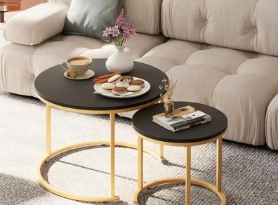 Set of 2 End Table, Nesting Tables, Side Table  Metal Gold Frame for Living Room/Bedroom/Balcony/Office/Apartment, Diameter 23.6/15.7 IN, Black Top, Prevent right angles