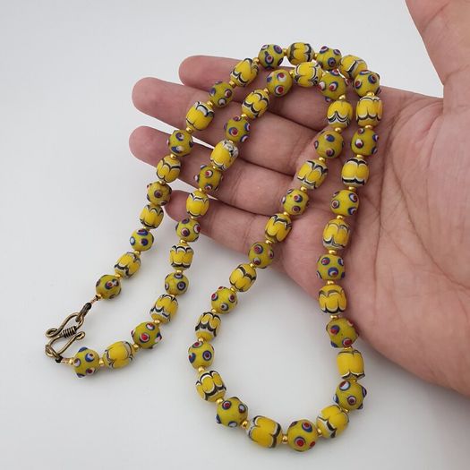 Antique Venetian Style Yellow Skunk & Trade Glass Beads Necklace