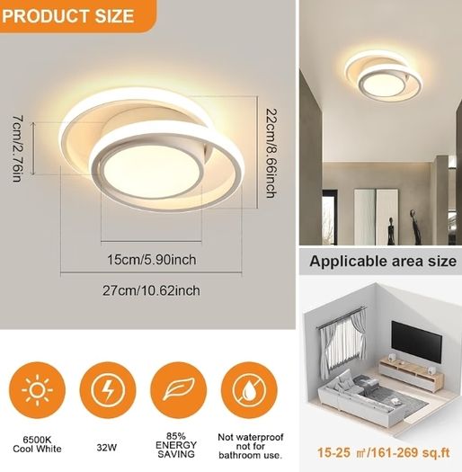 32W 2880LM Modern Ceiling Light Round Small Ceiling Lighting Fixture Aluminum, 3000K Warm White Close to Ceiling Light Fixture for Hallway,Bedroom, Kitchen, Living Room
