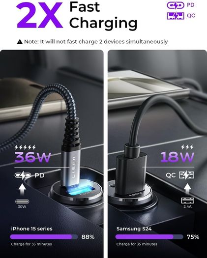 Car Charger Adapter USB C 54W 12V USB Socket [USBC 36W+USBA 18W] 60W USB C Cable PD3.0 Car Phone Charger Cigarette Lighter USB Charger for iPhone 16 Pro 16e Samsung S25 Ultra Car Accessories