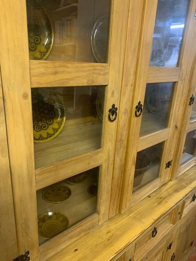 Glass Front Pine Dresser In VG Condition Height 202cm Width 153cm Depth 48cm