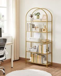 5 Tier Bookcase Tempered Glass Shelf Storage Rack Arched Metal Texture for Living Room Bedroom Study Shelf 5 Tier Bookcase Tempered Glass Shelf