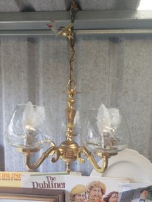 Brass ceiling light, five glass shades, heavy, D18