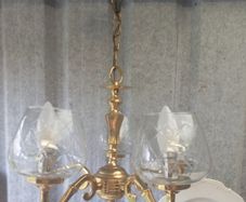 Brass ceiling light, five glass shades, heavy, D18