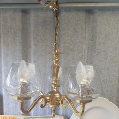 Brass ceiling light, five glass shades, heavy, D18