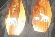 A Pair of Old Indian Rosewood Wall Hanging Plaques with Elephant and Floral Inlay