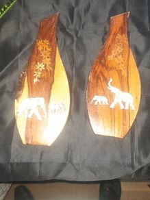 A Pair of Old Indian Rosewood Wall Hanging Plaques with Elephant and Floral Inlay