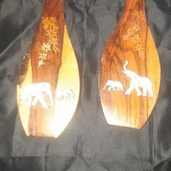 A Pair of Old Indian Rosewood Wall Hanging Plaques with Elephant and Floral Inlay