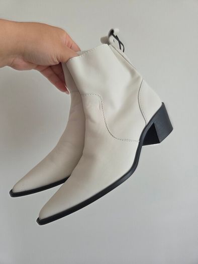 Zara Off White Leather Western Ankle Boots Size 37 EU