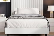Single Bed Frame, 90 x 190 cm, Upholstered Bed with Velvet Headboard, Adjustable Height, Wooden Slat Support, No Box Spring Needed, White