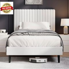 Single Bed Frame, 90 x 190 cm, Upholstered Bed with Velvet Headboard, Adjustable Height, Wooden Slat Support, No Box Spring Needed, White