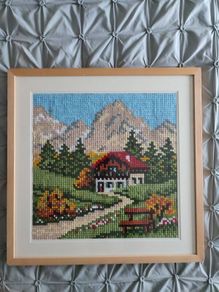 Framed cross stitch Mountain Scene