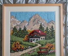 Framed cross stitch Mountain Scene