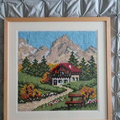 Framed cross stitch Mountain Scene