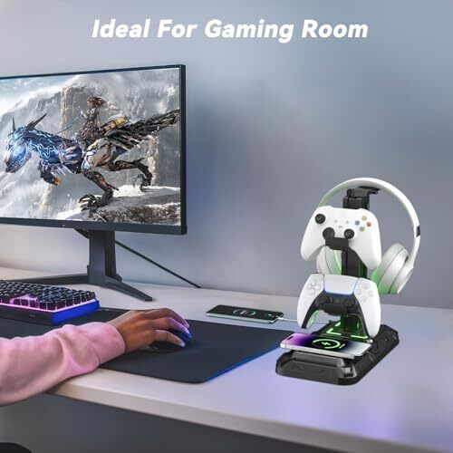 Headphone Stand - Rotatable Controller Holder with Wireless Charging & 9 Light Modes, Gaming Headset Stand with 2 USB and Type C Ports - Controller Stand for Gamers Desktop Accessories (Black)