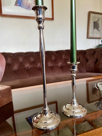 Pair of Slender 19th Century Style Silver Chrome Metal Candlesticks