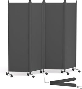 4 Panel Room Divider Folding Privacy Screen, Freestanding Room Partition with Lockable Wheels, Portable Wall Divider for Room Separation, 224 x 178cm, Grey
