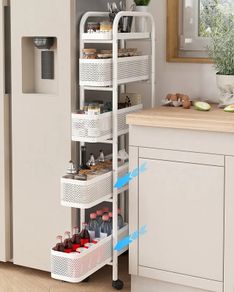 Premium Metal Kitchen Storage Trolley with Pull out Basket Narrow 5 Tier, Vegetable Fruit Organiser Rack Utility Rolling Cart on Lockable Wheels, Pantry Shelf Slim Shelving Unit, White