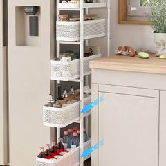 Premium Metal Kitchen Storage Trolley with Pull out Basket Narrow 5 Tier, Vegetable Fruit Organiser Rack Utility Rolling Cart on Lockable Wheels, Pantry Shelf Slim Shelving Unit, White