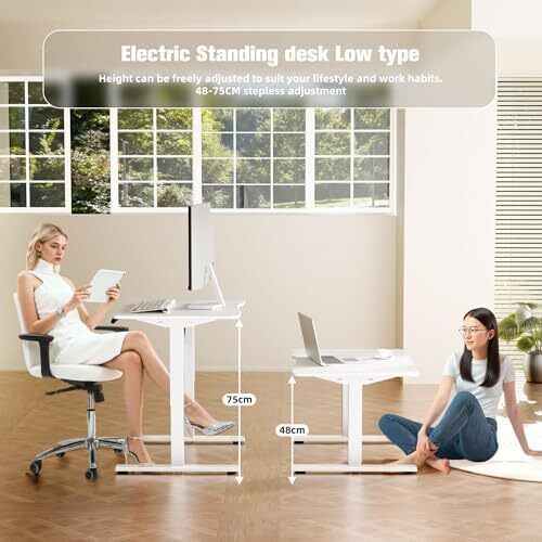 Electric Standing Desk 80x60 cm Low Height 48-75 cm, Height Adjustable Desk with Wheels & Hooks, Stand Up Desk with Memory Handset for Home Office, White